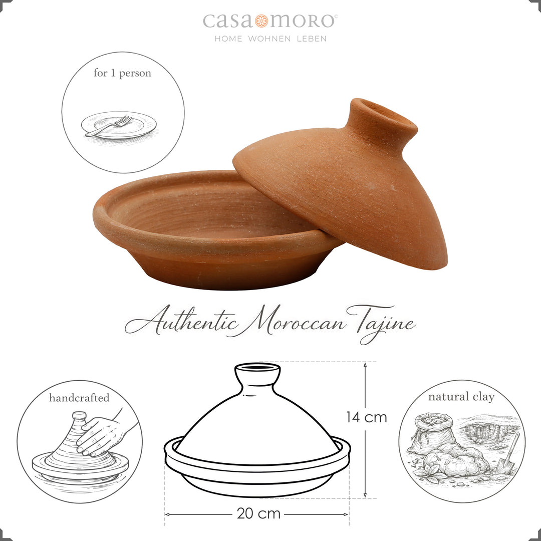 Tagine 20 cm made of clay and clay, unglazed as a Moroccan casserole for 1 person
