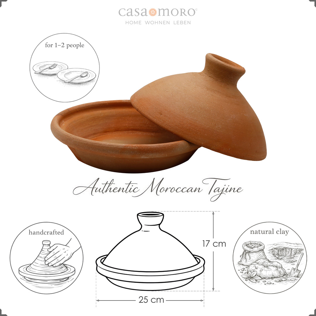 Tagine 25 cm made of natural clay and clay, Moroccan casserole for 1-2 people