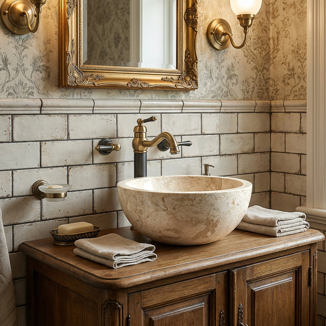 Round Washbasin Made of light natural stone as an attachment on a wooden washbasin with a brass fitting in a classic, elegant bathroom