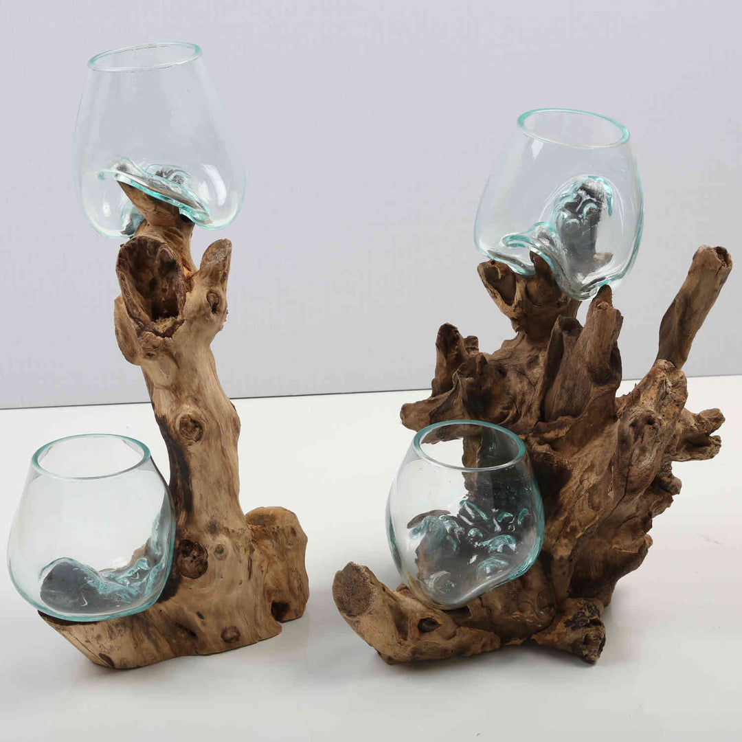 Double glass vase 12 cm on burl wood