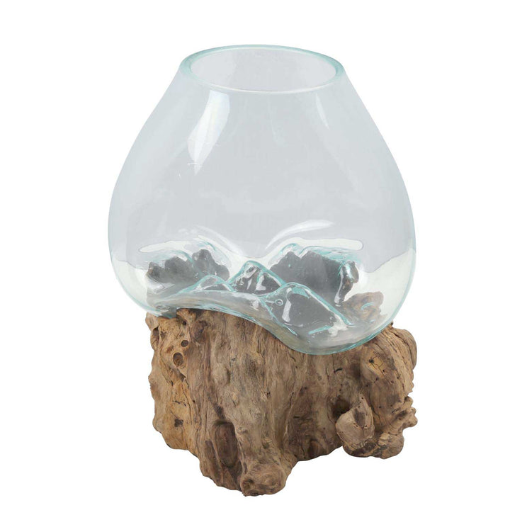 Glass vase on burl wood A21