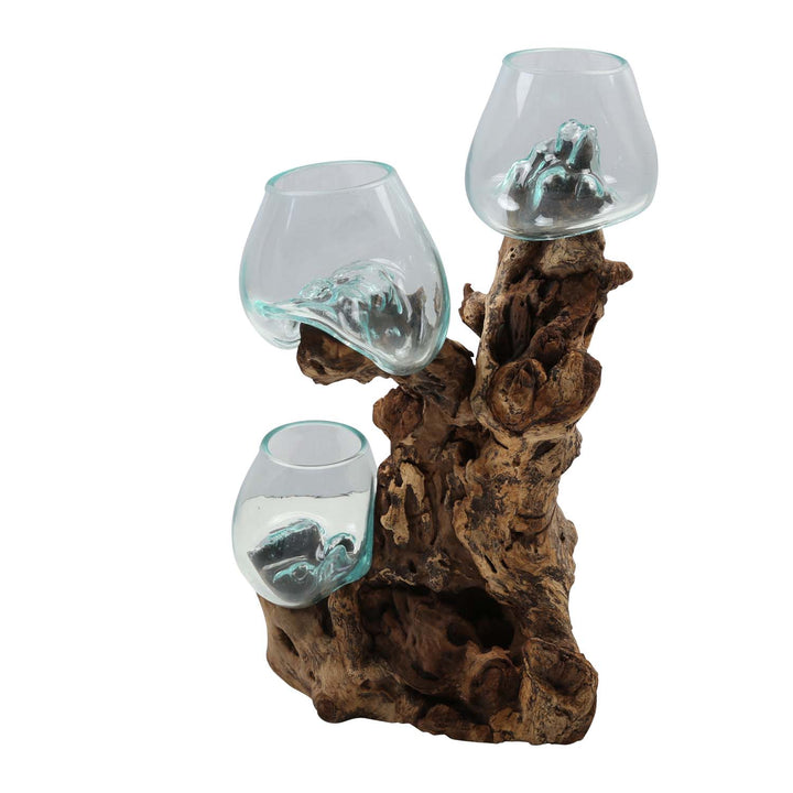 Three glass vases, 12 cm, on burl wood