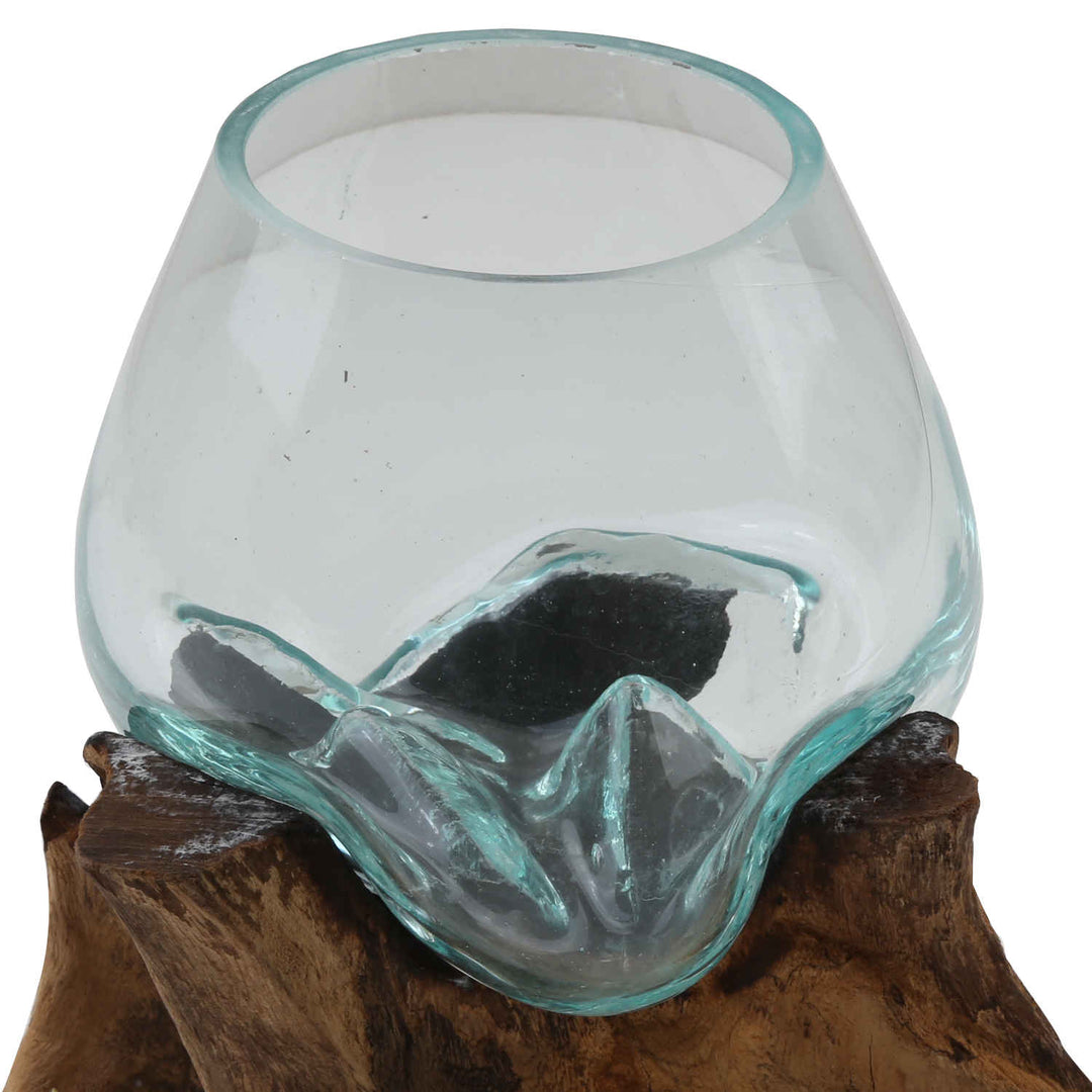 Glass vase on burl wood A15