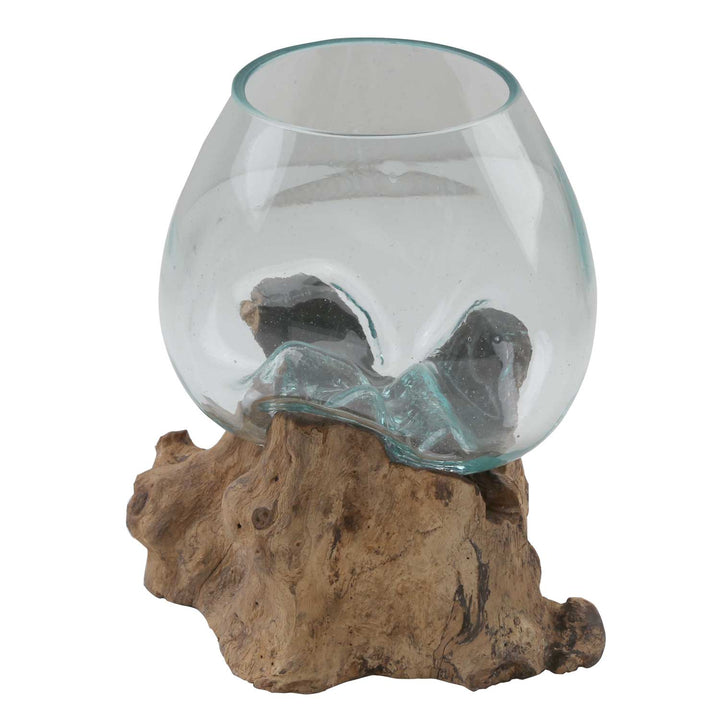 Glass vase on burl wood A18