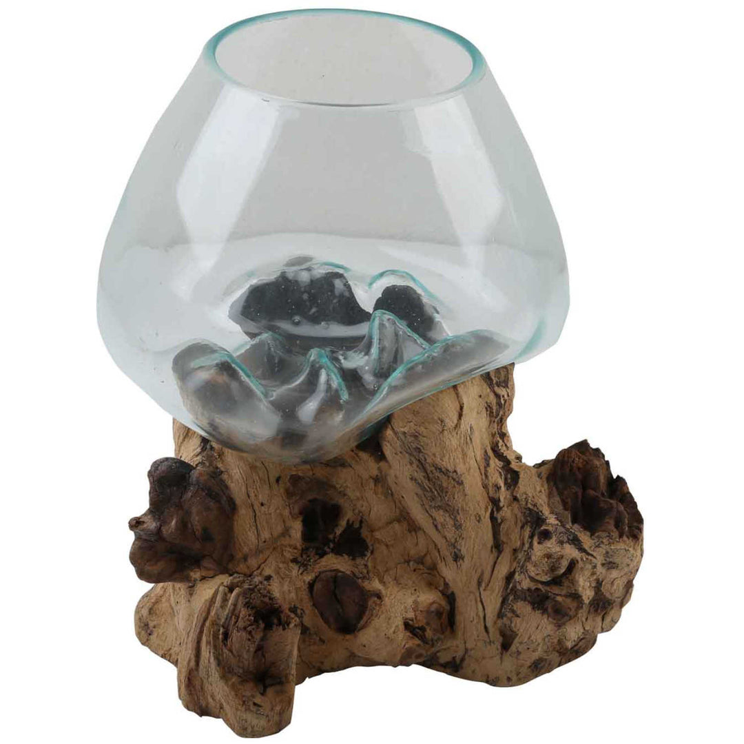 Glass vase on burl wood A20