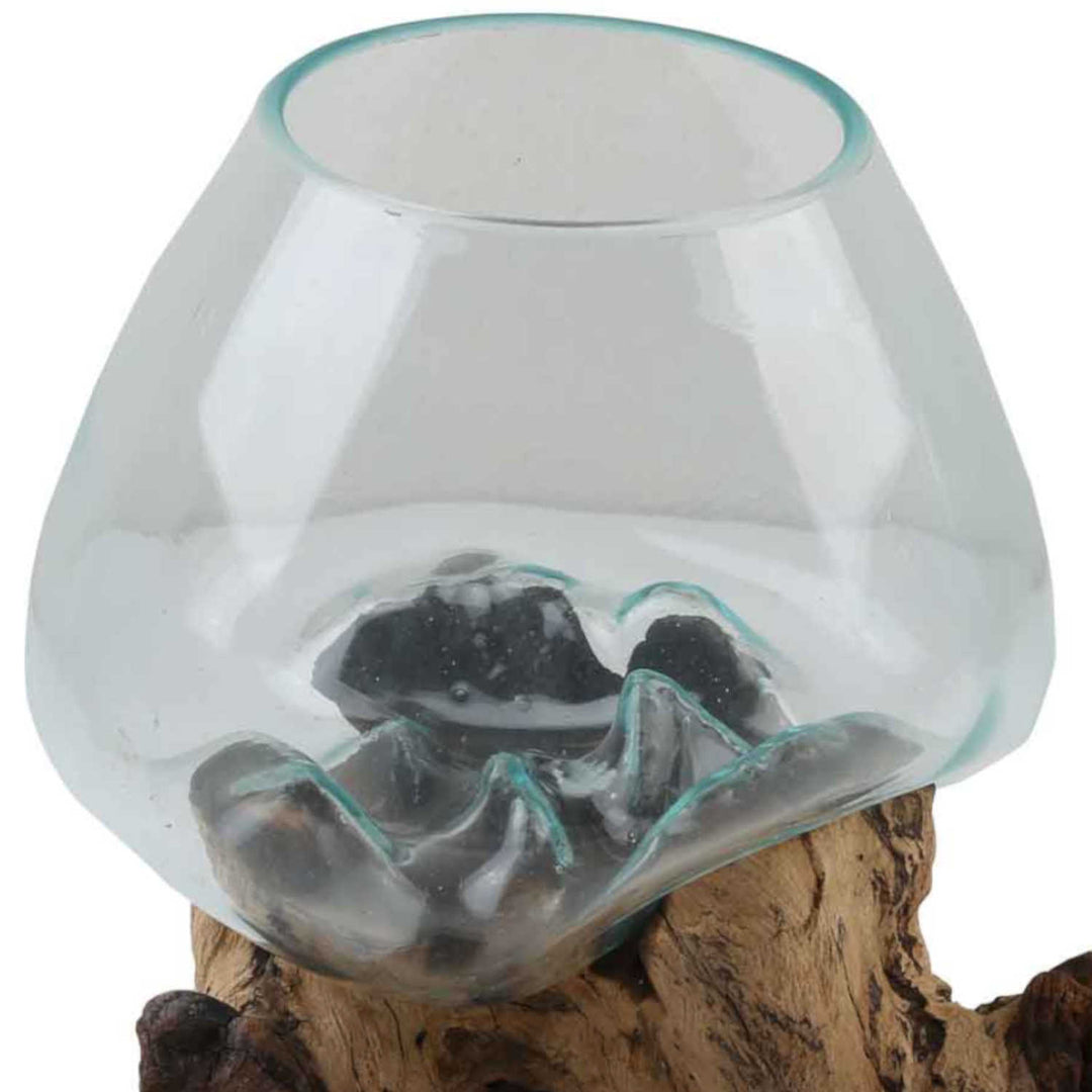 Glass vase on burl wood A20