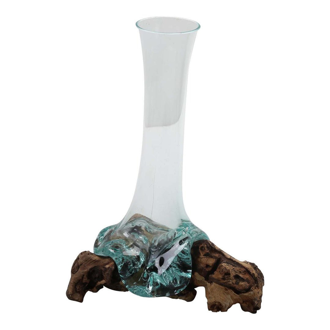 Glass vase on burl wood A26