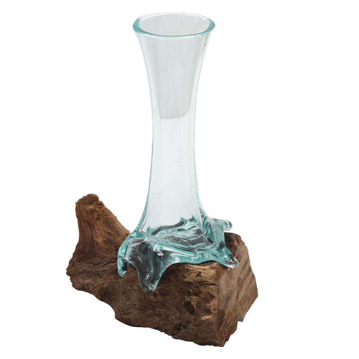 Glass vase on burl wood A26