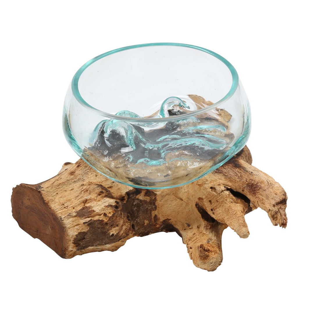 Glass bowl on burl wood