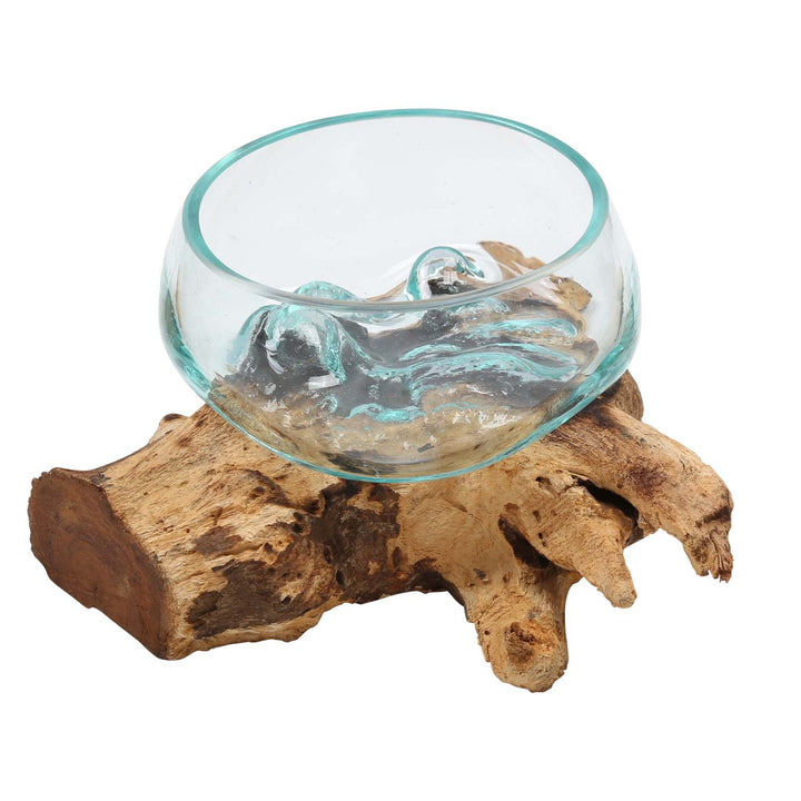 Glass bowl on burl wood