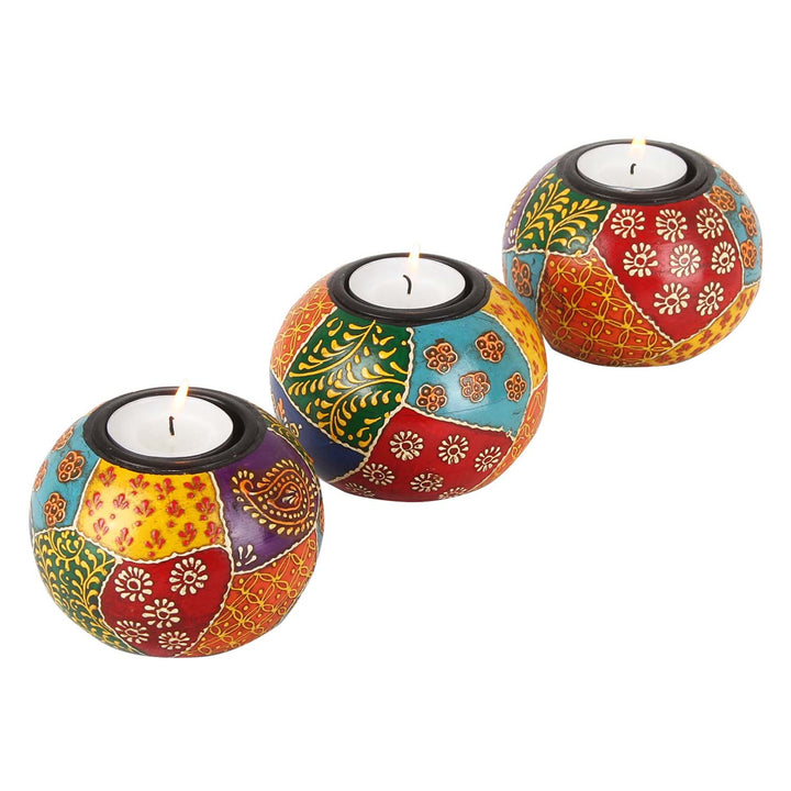 Hand-painted Anila tea light holders, set of 3