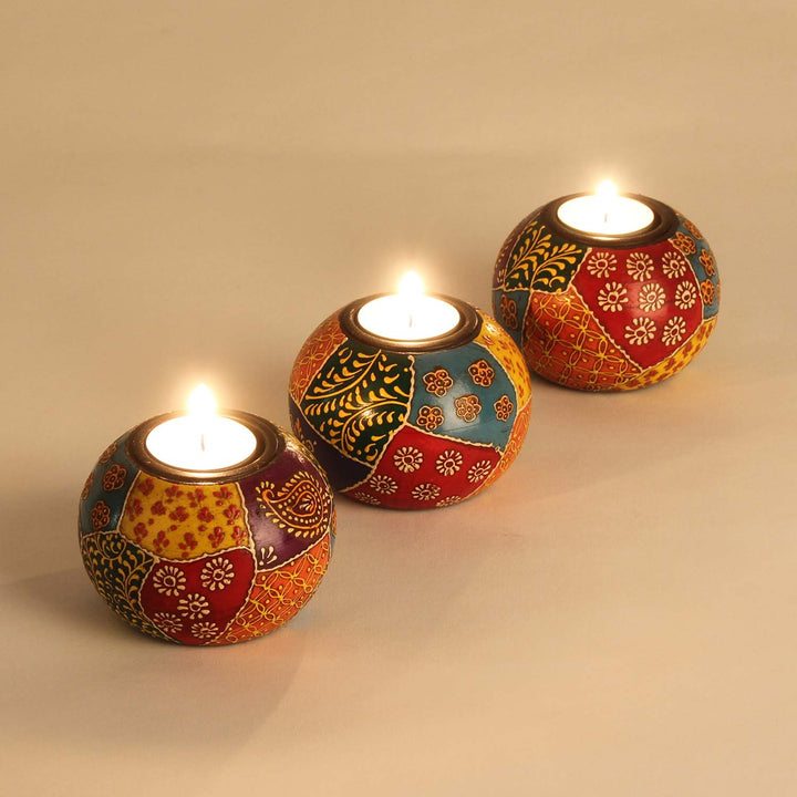 Hand-painted Anila tea light holders, set of 3