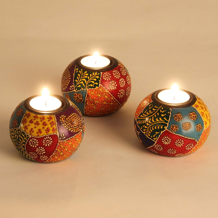 Hand-painted Anila tea light holders, set of 3