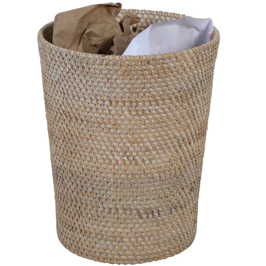 Nila White Wash rattan wastebasket