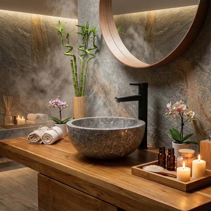 Round natural stone countertop basin on a warm wooden console with black fittings in a calm spa bathroom ambience