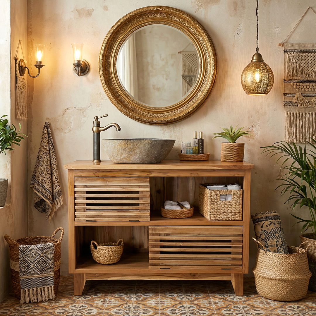 River stone countertop washbasin in a warm boho bathroom on a wooden washbasin, combined with brass fittings, baskets and soft light