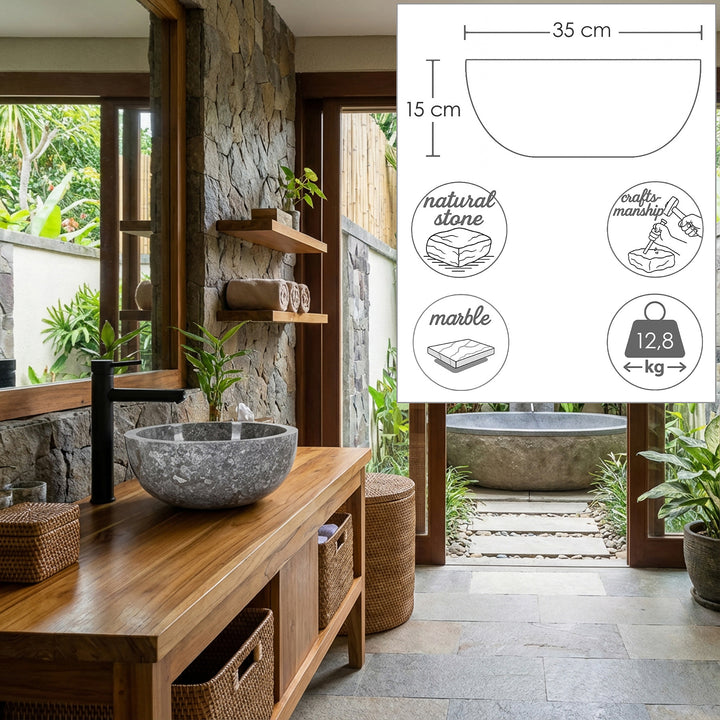 Marble countertop washbasin made of natural stone on a round wooden console Washbasin in the spa bathroom with dimensional graphics