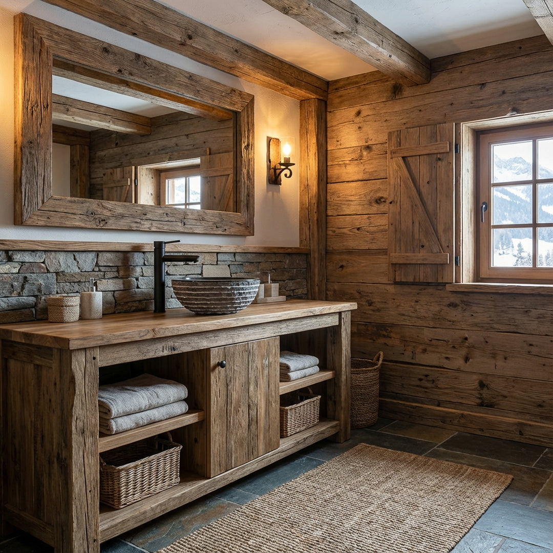 Round countertop washbasin made of natural stone on rustic wooden washstand in cozy chalet bathroom with stone wall and warm light