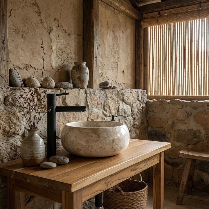 Round countertop washbasin made of light marble on a wooden washbasin with black fittings in a calm, natural bathroom ambience