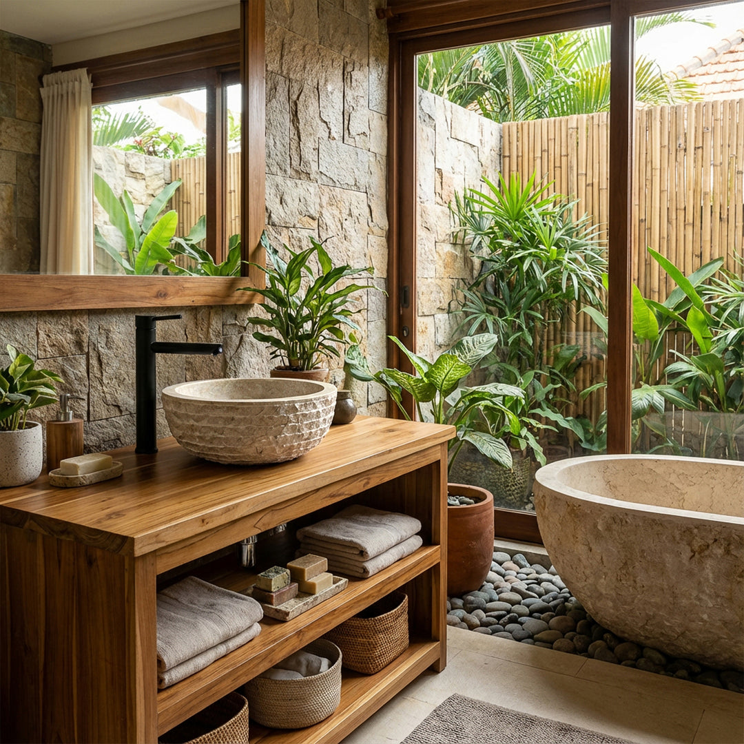 Round stone washbasin as a countertop washbasin on a wooden washstand in a natural spa bathroom with lots of greenery and a natural stone wall