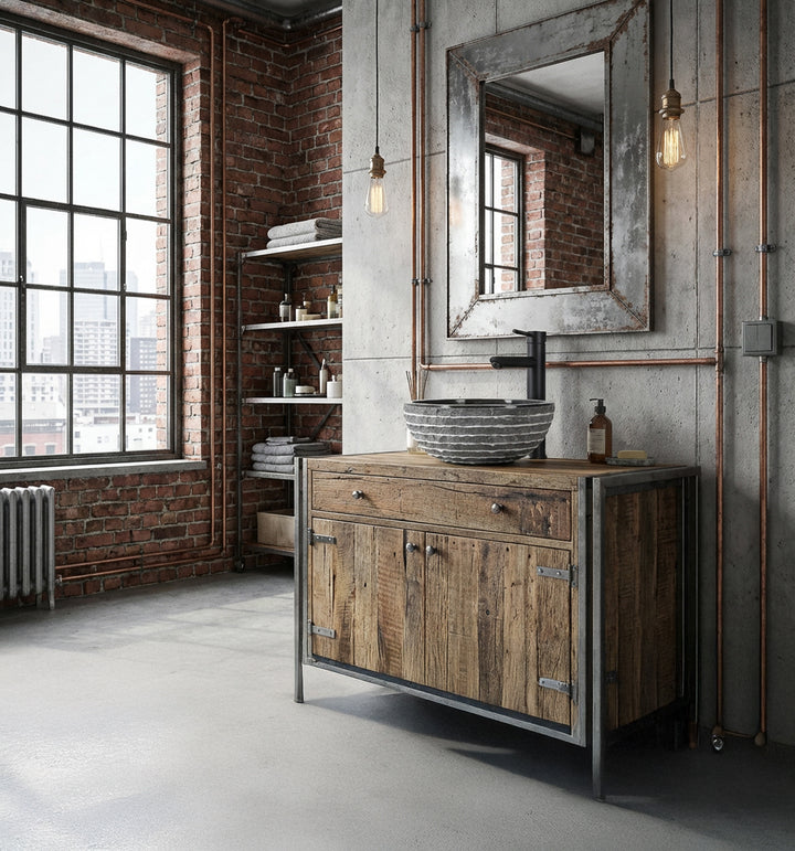 Round countertop washbasin made of natural stone on rustic wooden vanity unit in industrial loft bathroom with brick wall and black faucet
