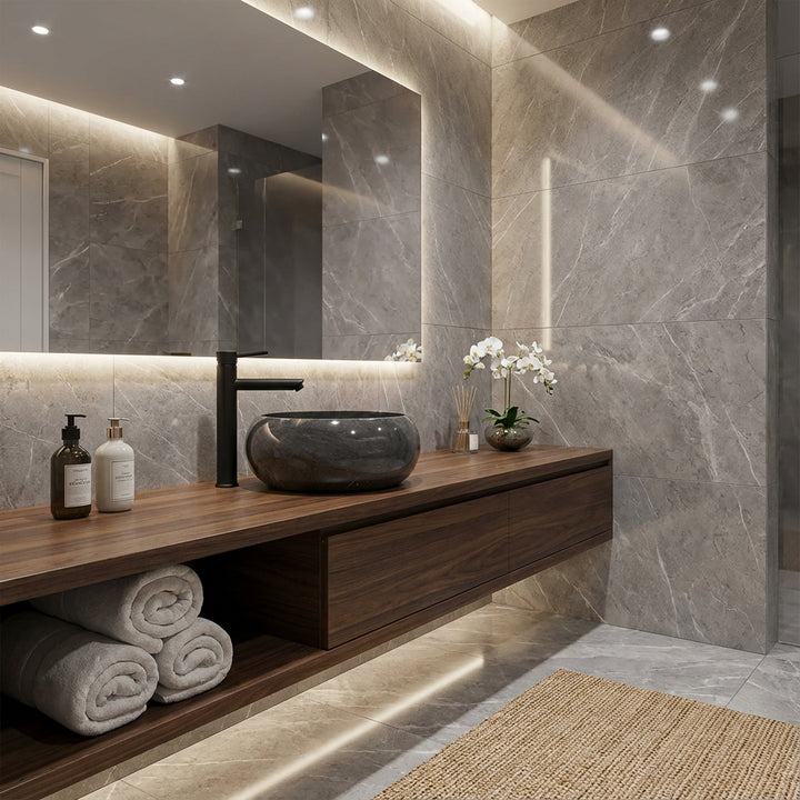 Round countertop marble basin on floating wooden vanity in elegant spa bathroom, combined with black faucet, large-format stone tiles and indirect lighting