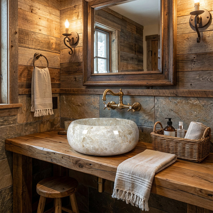 Round countertop washbasin made of light stone on a rustic wooden washbasin with brass fittings in a warm chalet bathroom ambience