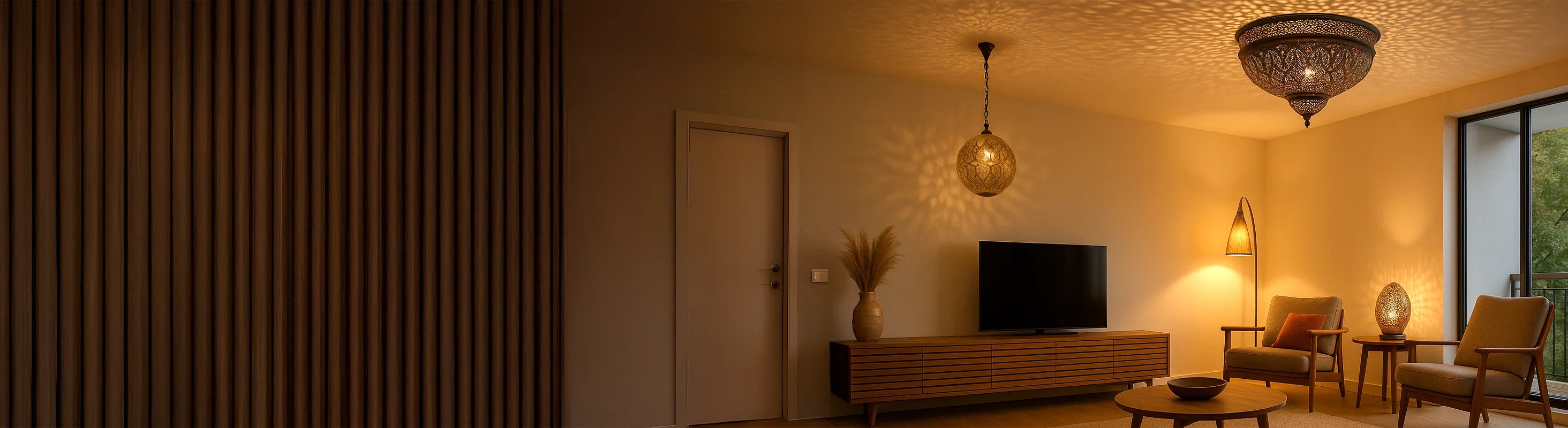 ceiling lights – Wohnzimmer mit handgefertigten Deckenleuchten, Stehlampe und Tischleuchte – stimmungsvolle Beleuchtung in warmem Ambiente
