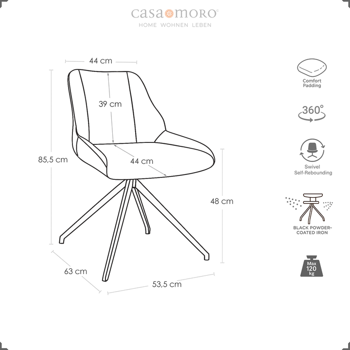 Maßzeichnung eines 360° drehbaren Esszimmerstuhls in Grau mit Maßangaben und Symbolen zu Komfortpolsterung, Auto-Return-Funktion und Metallgestell