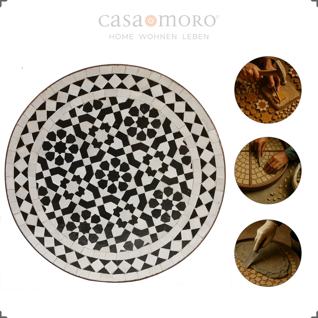 Zellige-Tisch mit grafischem Ornament, ideal für Terrasse, Wohnzimmer oder Balkon