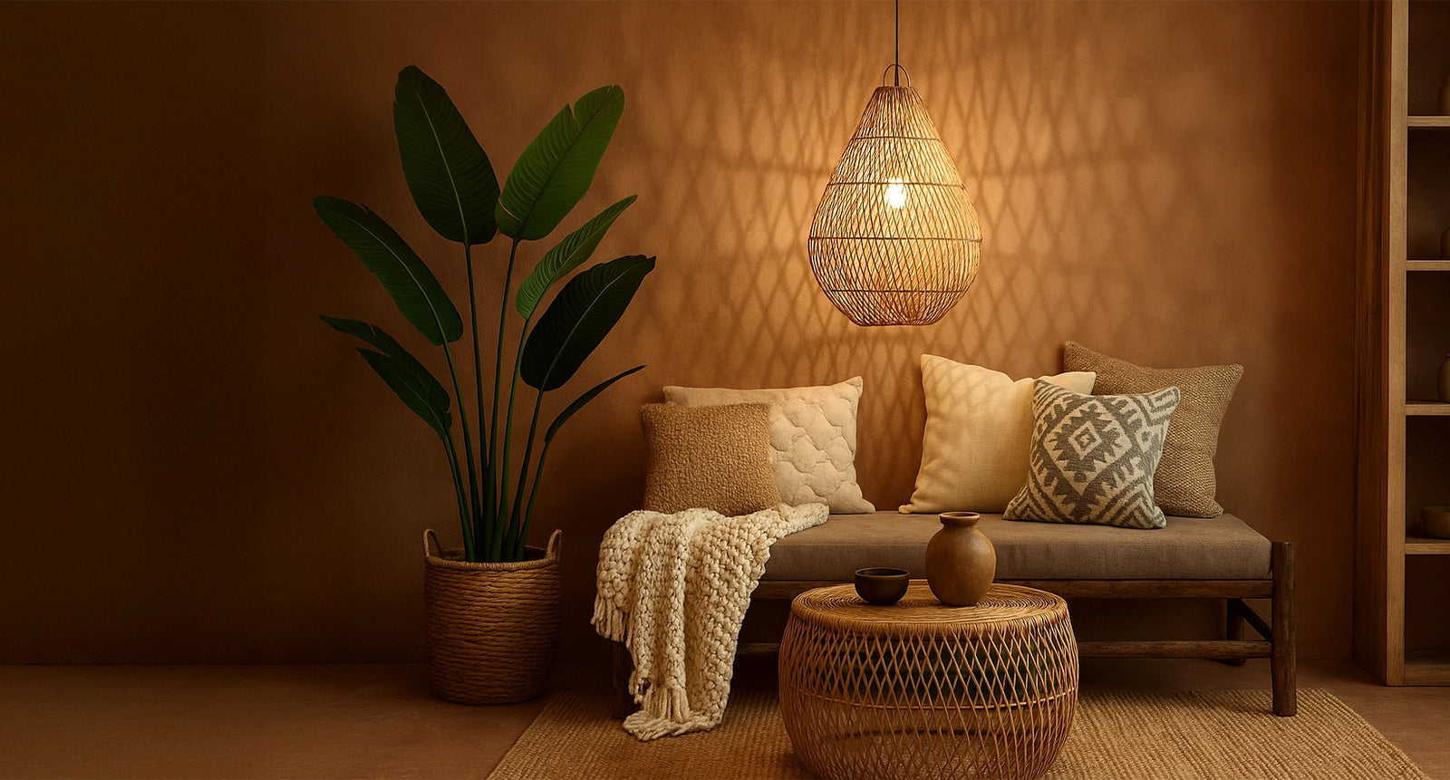 Rattanlampe mit warmem Licht über einer gemütlichen Boho-Sitzecke mit Naturmaterialien und weichen Texturen