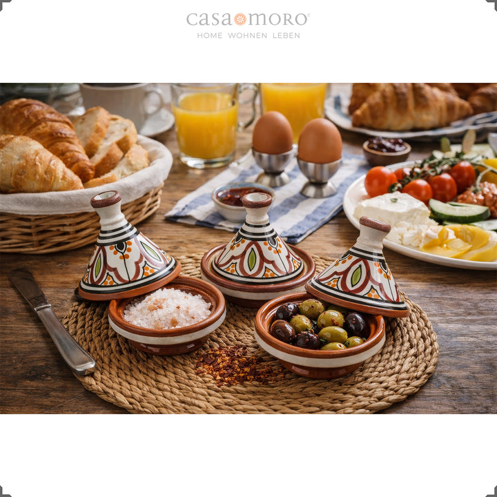 spice Tajine made of clay in a set of 3, hand-painted ceramics for serving salt, olives and jam at the breakfast table