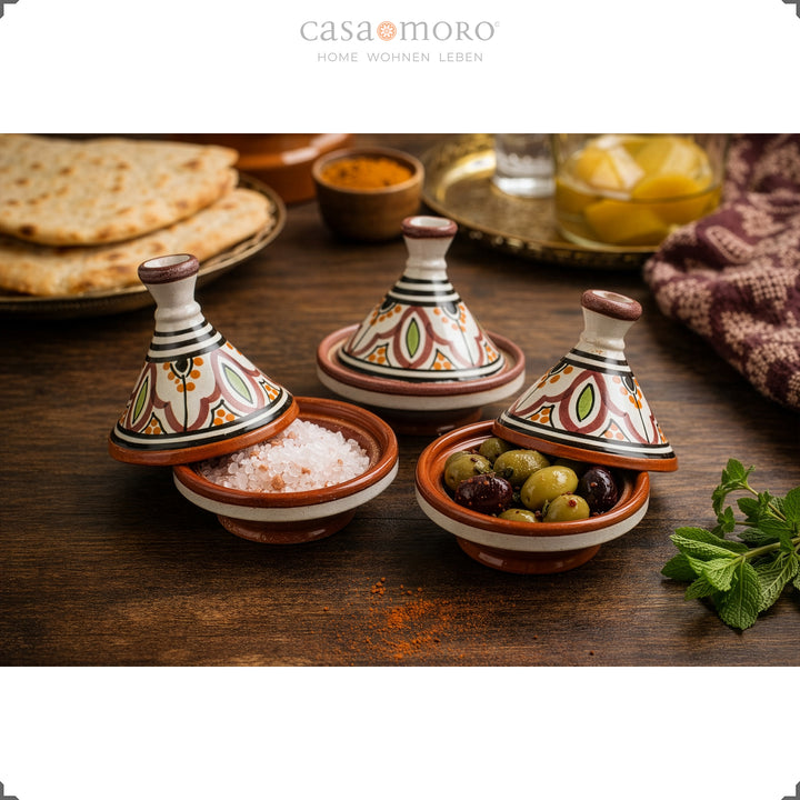 spice Tajine made of clay in a set of 3, hand-painted ceramics for serving salt, olives and spices