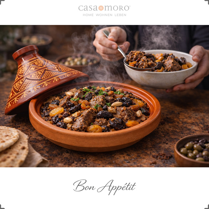 Glazed Moroccan Tagine with henna decoration, as a cooking pot for lamb with an aromatic spice mixture