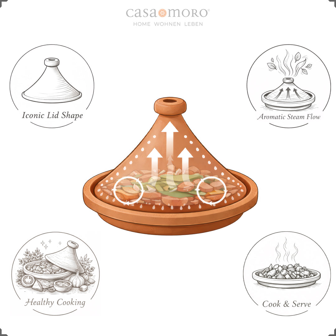 Glazed Moroccan Tagine with henna pattern, decorative clay casserole for aromatic dishes