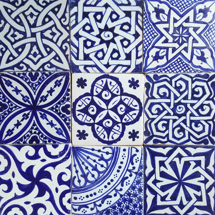 Hand-painted tiles, blue and white mix