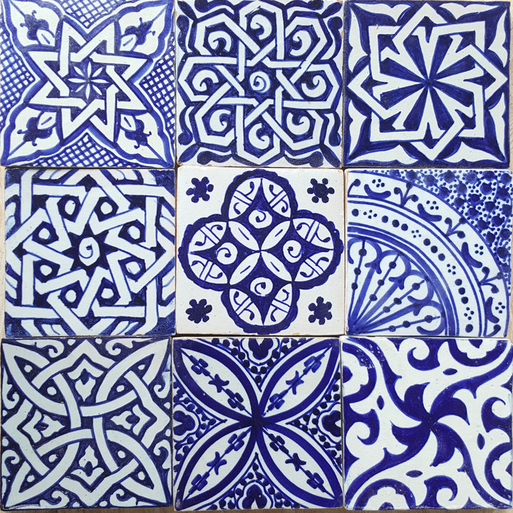 Hand-painted tiles, blue and white mix