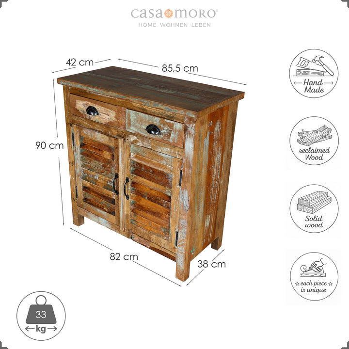 Maßskizze eines Highboards aus massivem Holz, Höhe 90 cm, Breite 82 cm, Tiefe 38 cm, freigestellt