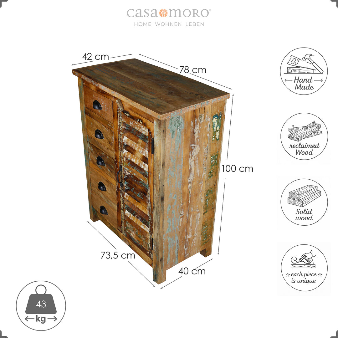 Maßskizze eines Highboards aus massivem Holz, Höhe 100 cm, Breite 73,5 cm, Tiefe 40 cm, freigestellt