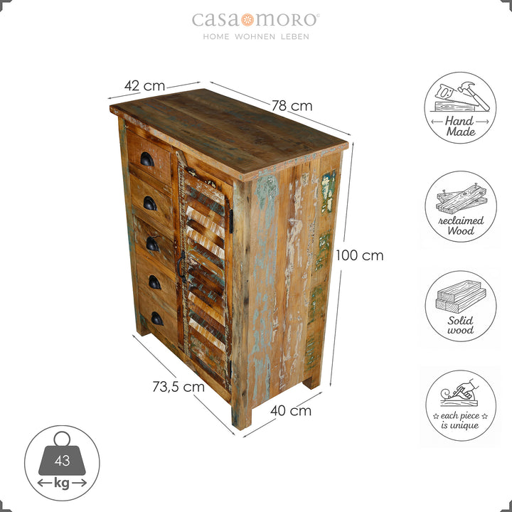 Maßskizze eines Highboards aus massivem Holz, Höhe 100 cm, Breite 73,5 cm, Tiefe 40 cm, freigestellt