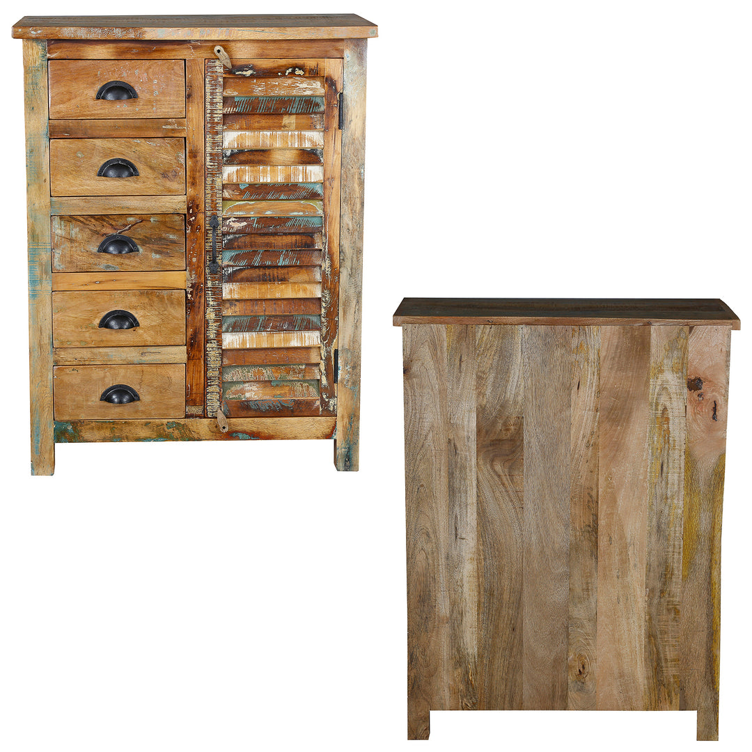 Front- und Seitenansicht eines Highboards aus Altholz mit Schubladen und Tür, freigestellt