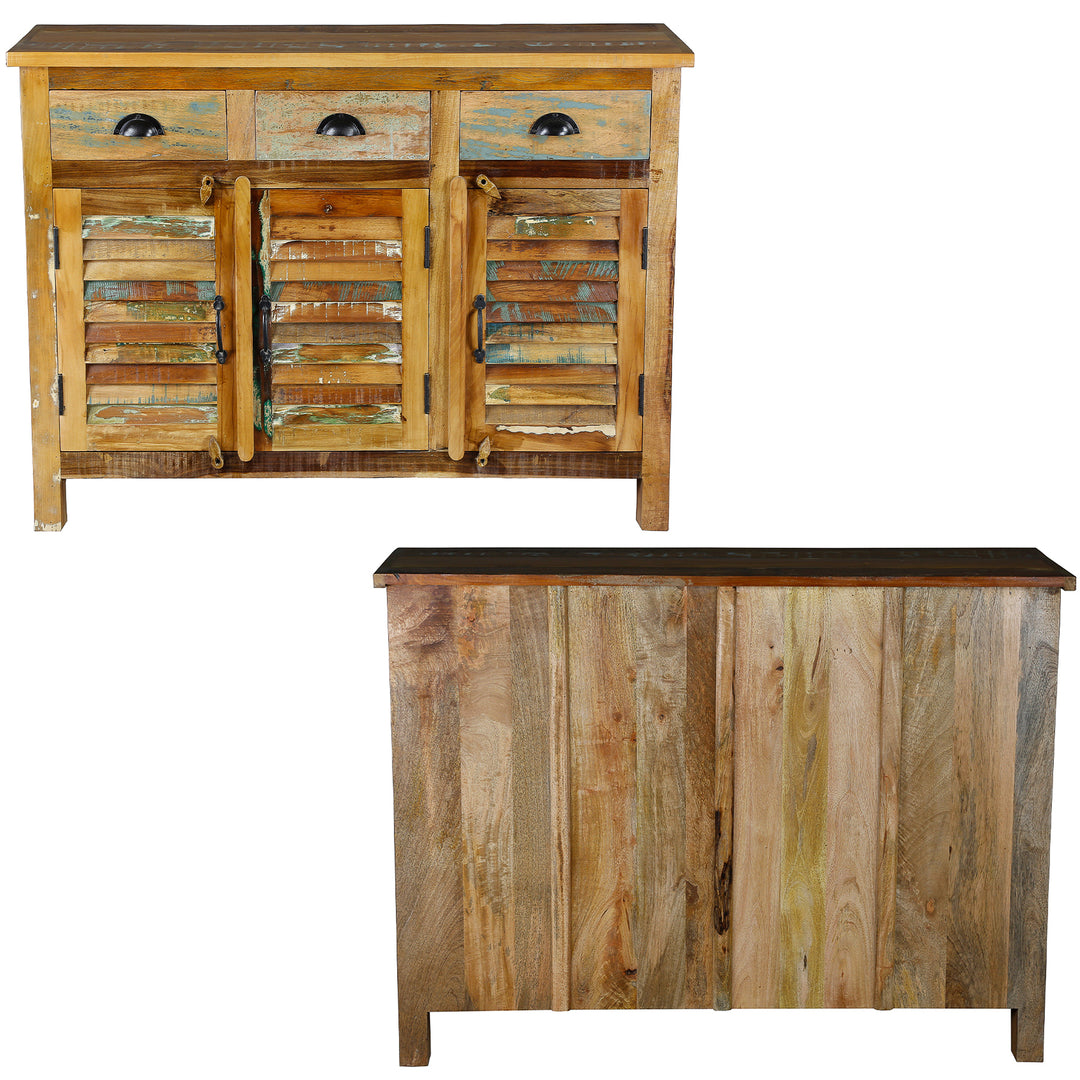 Highboard made of old wood with drawers made of solid wood in vintage style, front and back view