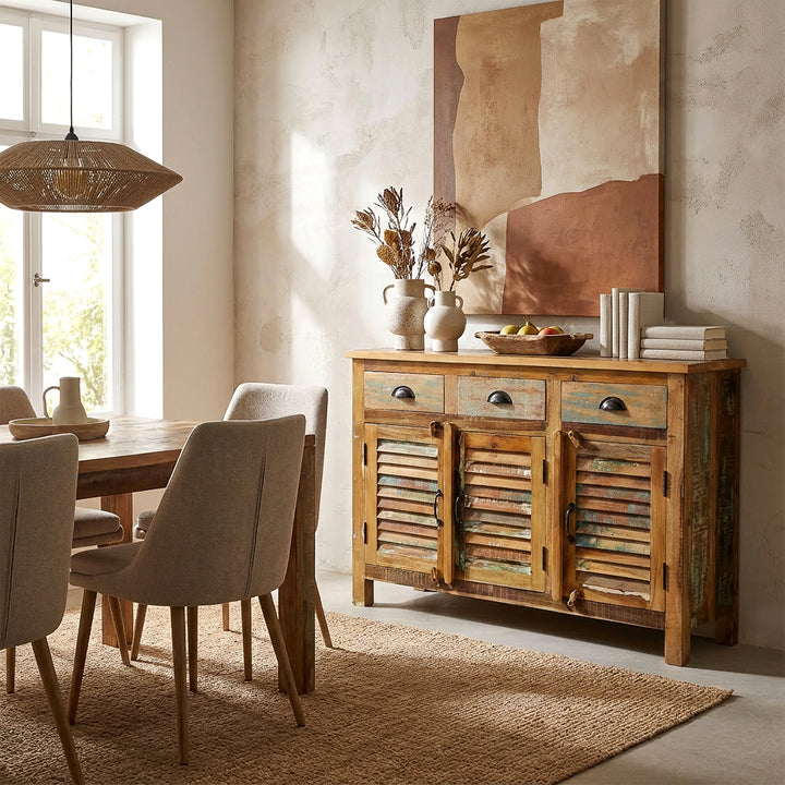 Solid wood and reclaimed wood highboard with vintage style drawers, placed in the dining room