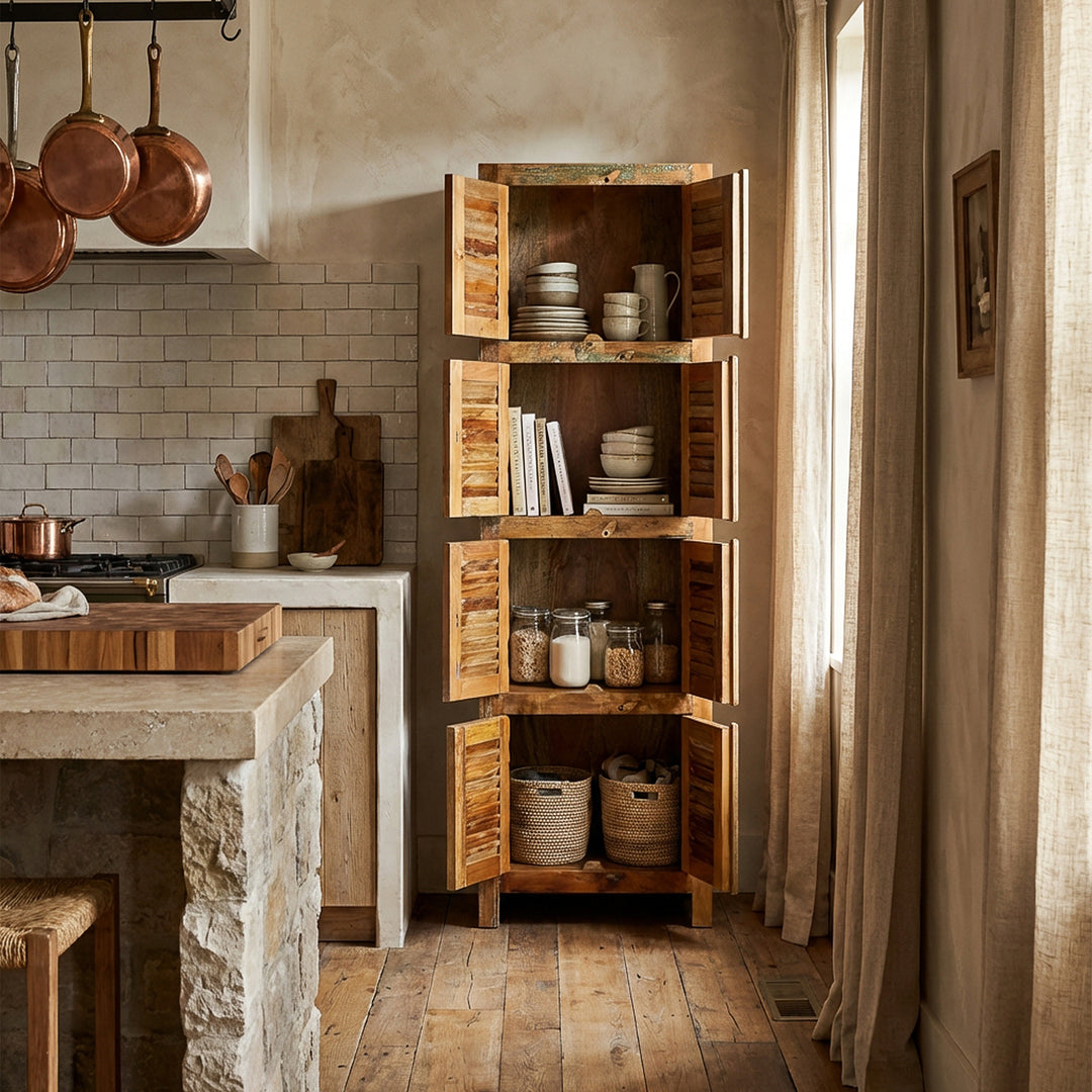 Tall cabinet made of solid wood and reclaimed wood with a vintage look, placed in the kitchen