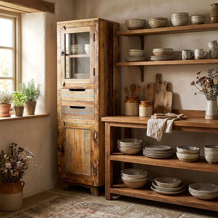 Tall cabinet made of solid wood and old wood with drawer and doors in country house style, placed in the kitchen
