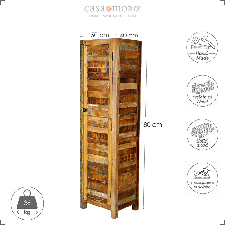 Narrow tall cabinet made of solid wood and reclaimed wood in country house style, 180 cm high, 50 cm wide, shown free-standing