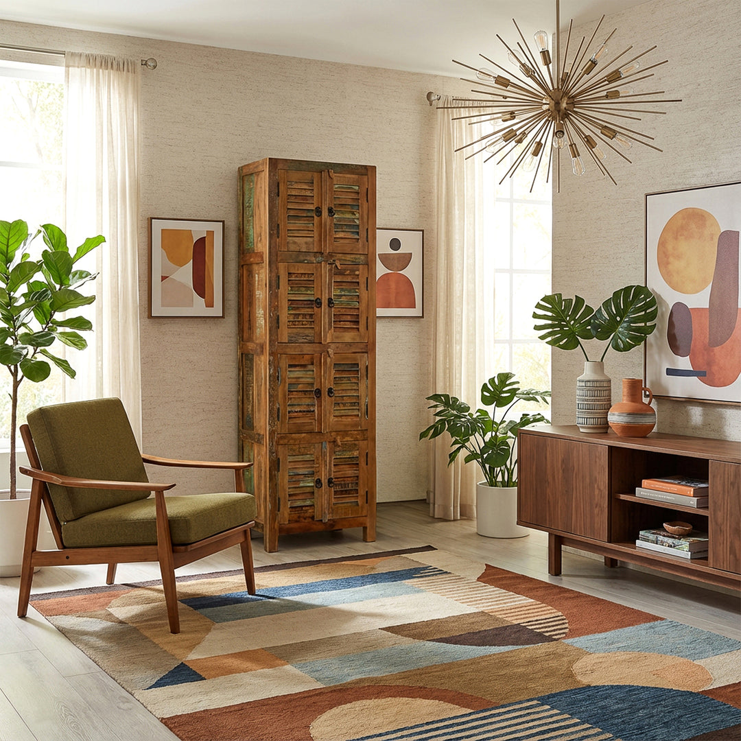 Tall cabinet made of solid wood and reclaimed wood in vintage style, placed in the living room