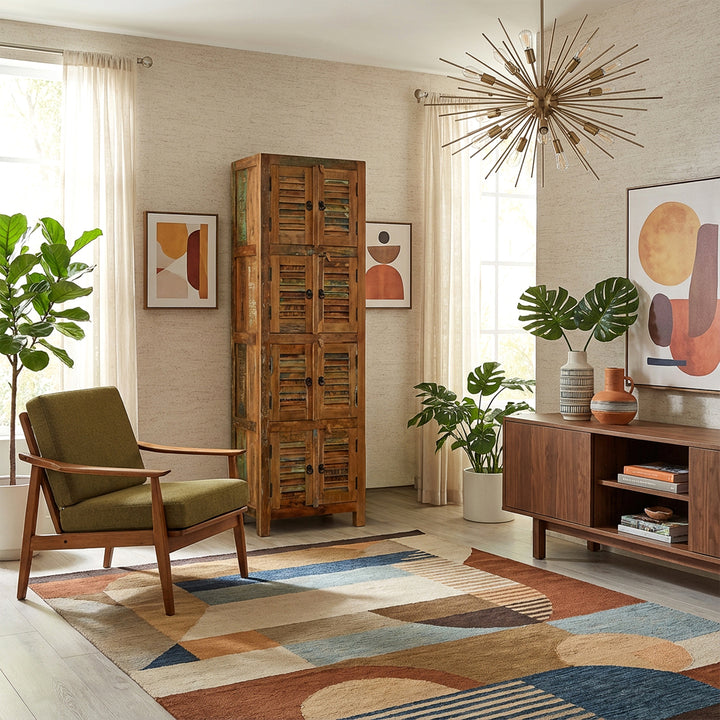 Tall cabinet made of solid wood and reclaimed wood in vintage style, placed in the living room