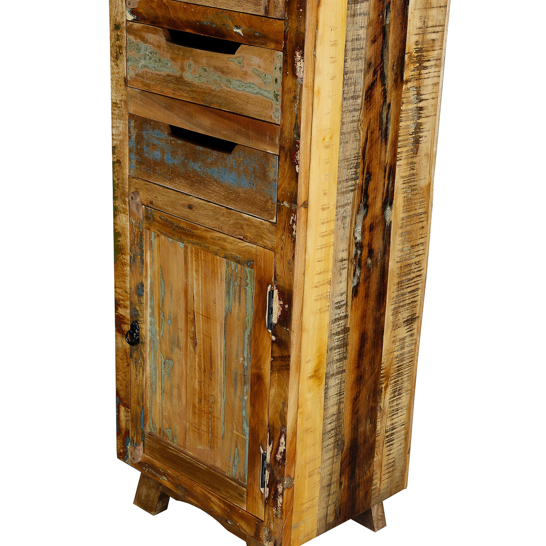 Reclaimed wood and solid wood cabinet with vintage style drawer and doors, shown freestanding