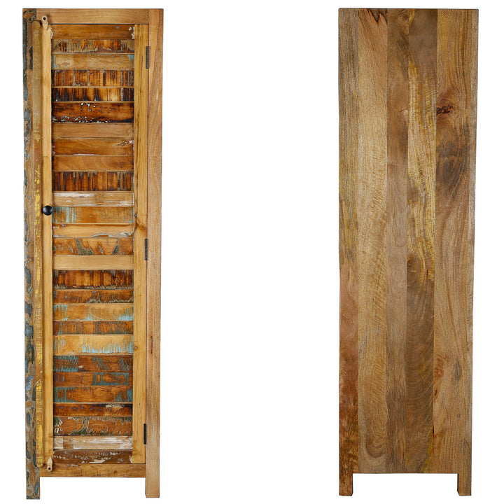 Narrow tall cabinet made of solid wood and reclaimed wood in vintage style, front and back views shown
